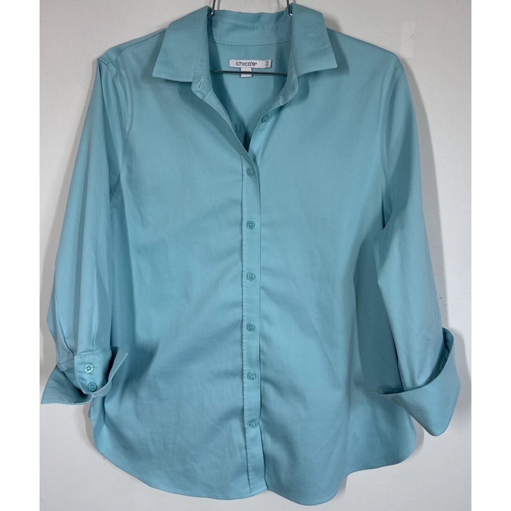 Chicos Aqua Long Sleeve Button Up Blouse 3/4 Sleeves Women's 1.5 Or 10 Stretchy